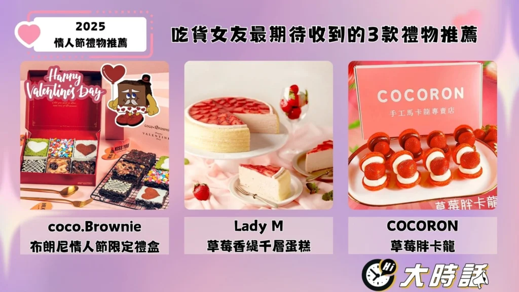 吃貨女友最期待收到的3款禮物: 1. coco.Brownie 布朗尼情人節限定禮盒、2. Lady M 草莓香緹千層蛋糕、3. COCORON 草莓胖卡龍。